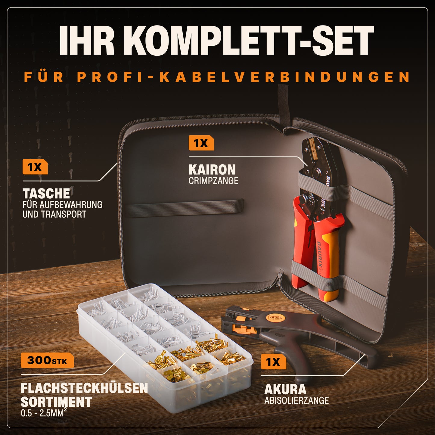Crimpzange für Flachsteckhülsen mit Abisolierzange und 300 Flachsteckhülsen