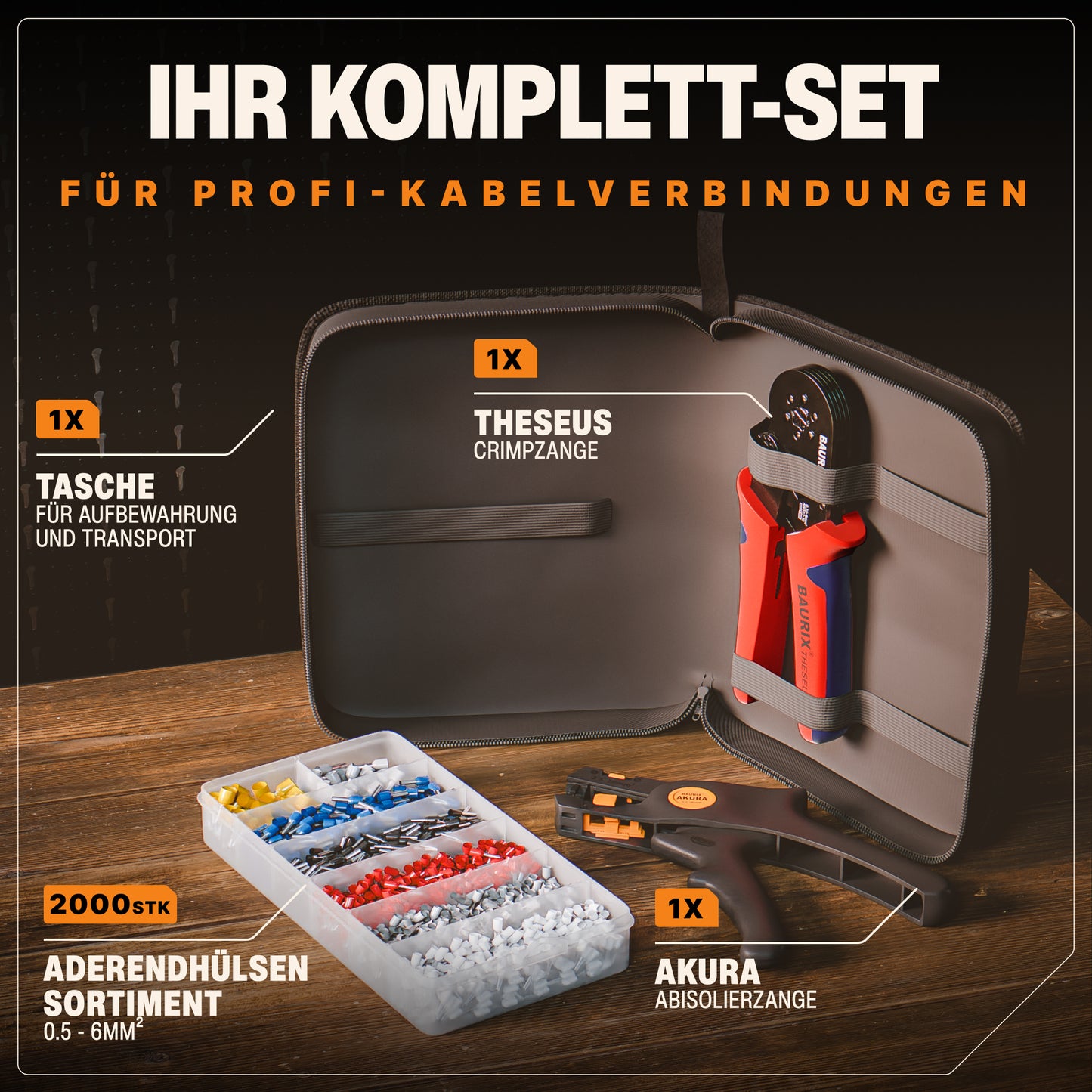 BAURIX® Crimpzange mit Abisolierzange und 2000 Aderendhülsen Set