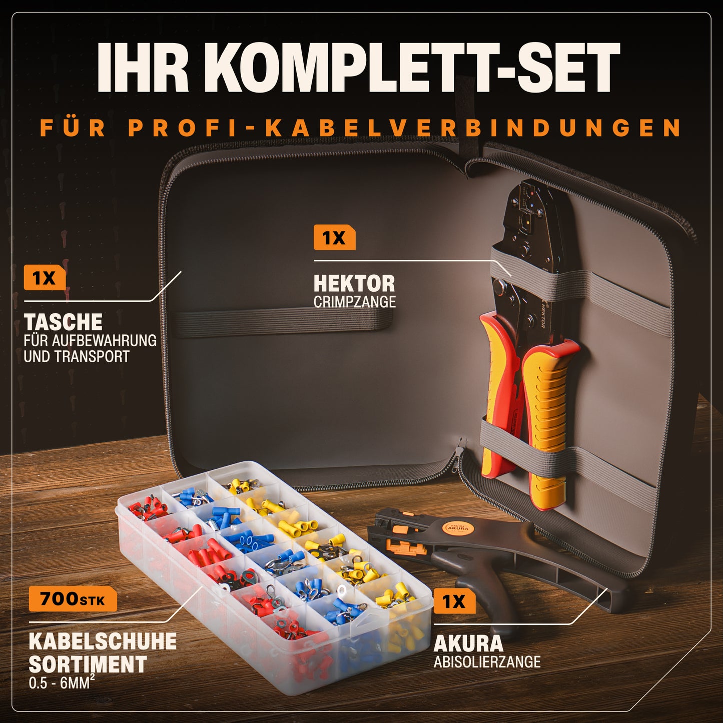 Crimpzange für Kabelschuhe mit Abisolierzange und 700 Kabelschuhe