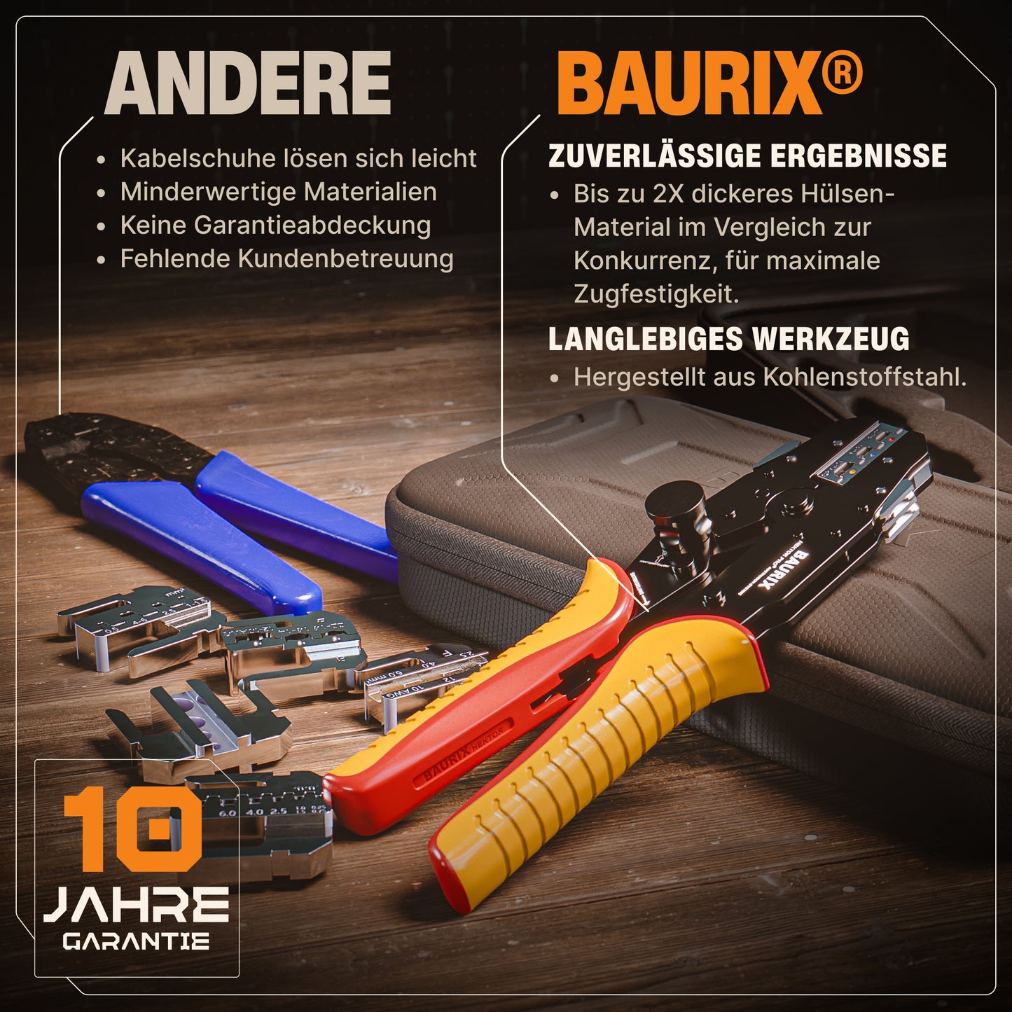 Crimpzange mit Wechselbacken für Kabelschuhe, Flachsteckhülsen, Aderendhülsen