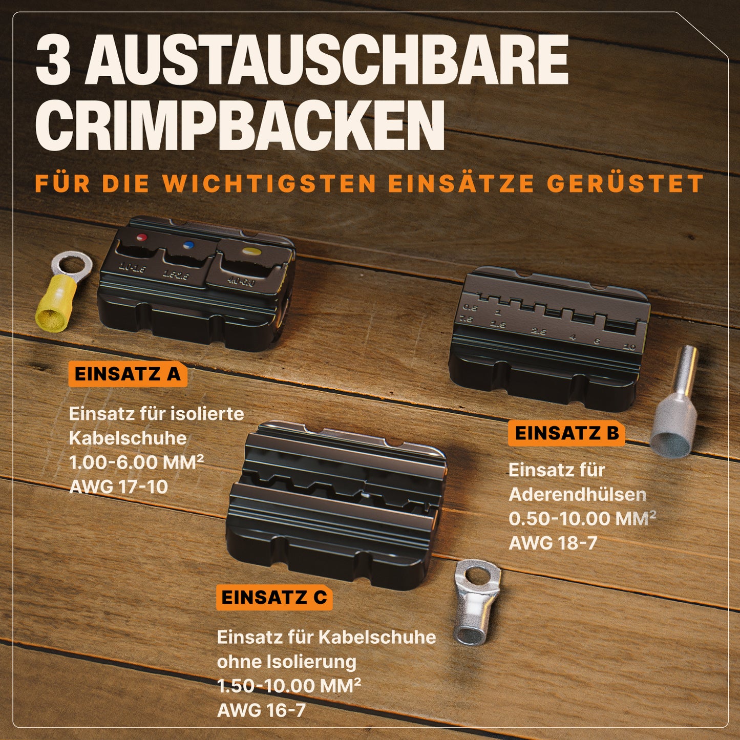Crimpzangen Set mit 3 Griff-gelagerten Wechselbacken