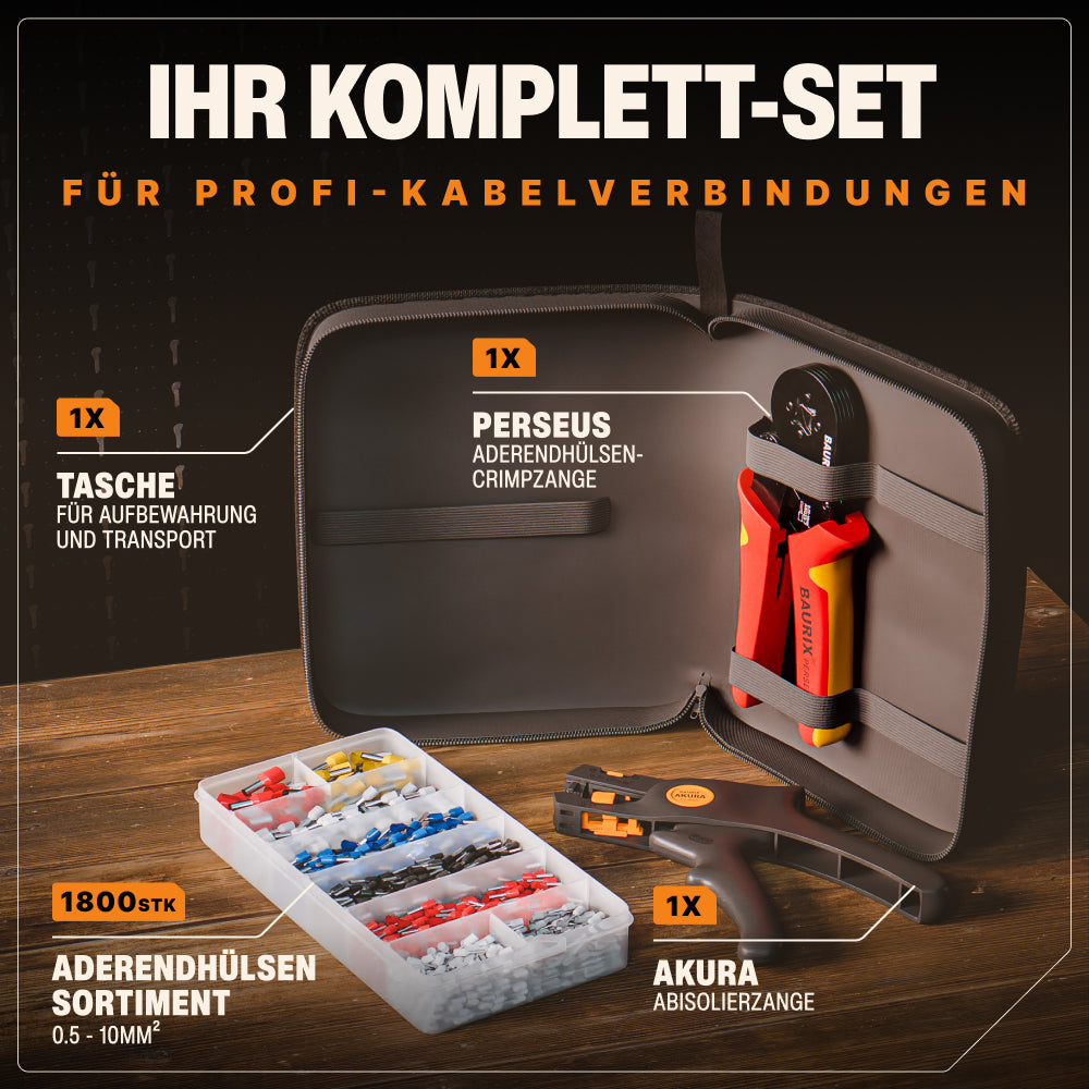 Crimpzange für Aderendhülsen mit Abisolierzange und 1800 Aderendhülsen