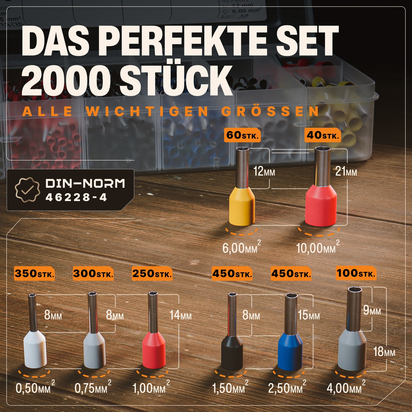 Crimpzange für Aderendhülsen (Vierkant) mit Kraftregler, inkl. 2000 Aderendhülsen