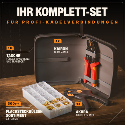 Crimpzange für Flachsteckhülsen mit Abisolierzange und 300 Flachsteckhülsen