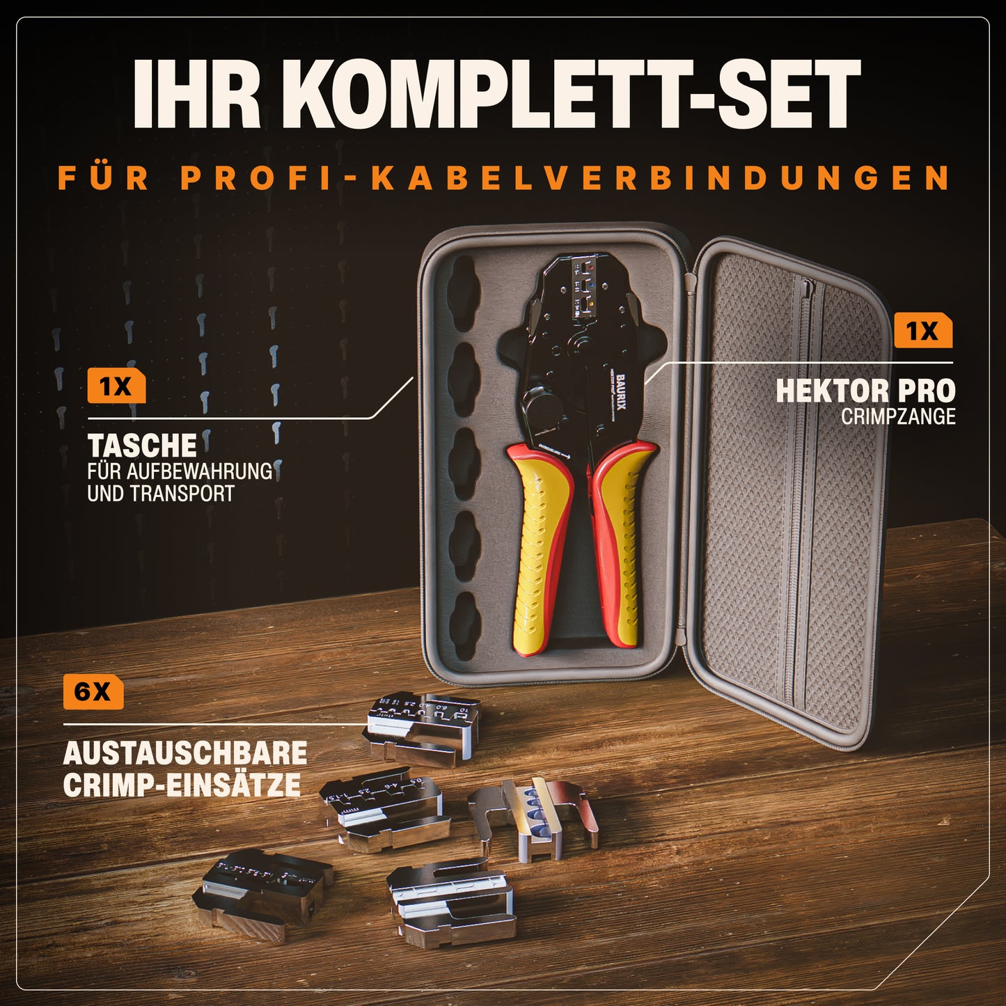 Crimpzange mit Wechselbacken für Kabelschuhe, Flachsteckhülsen, Aderendhülsen