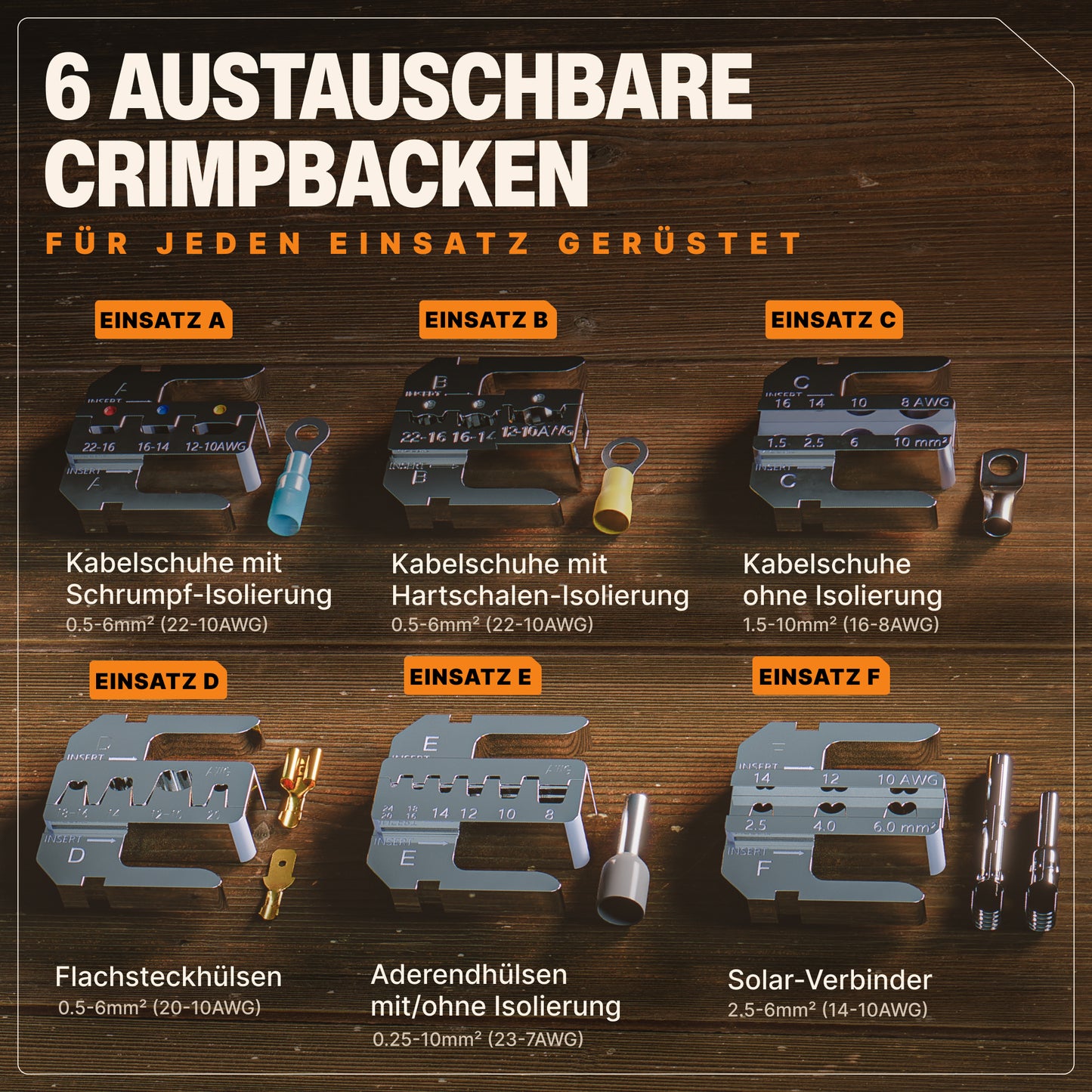 Crimpzange mit Wechselbacken für Kabelschuhe, Flachsteckhülsen, Aderendhülsen
