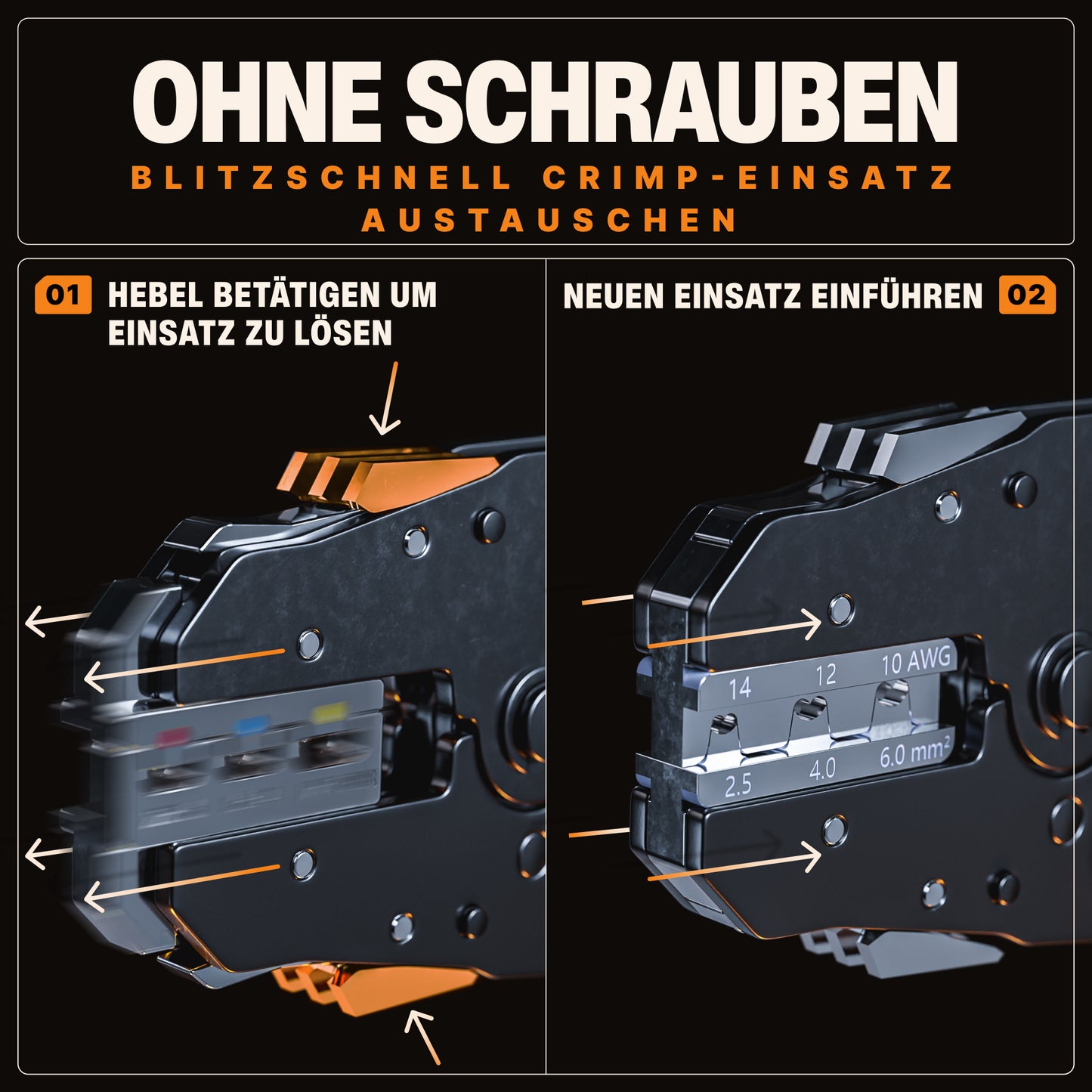Crimpzange mit Wechselbacken für Kabelschuhe, Flachsteckhülsen, Aderendhülsen