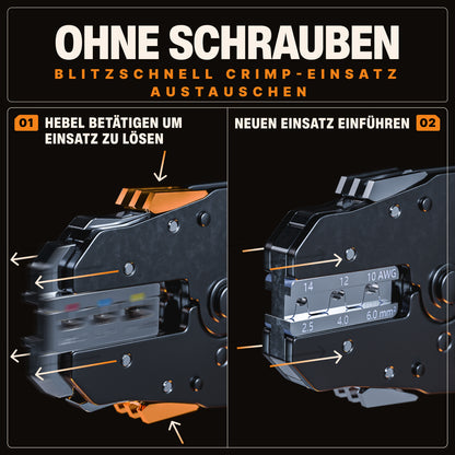 Crimpzange mit Wechselbacken für Kabelschuhe, Flachsteckhülsen, Aderendhülsen