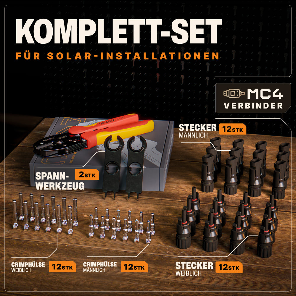 Solar Crimpzange Set für PV Kabel 2,5–6 mm² mit Solar Stecker & Werkzeug