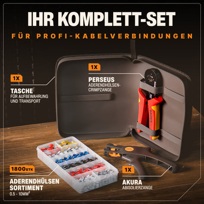 Crimpzange für Aderendhülsen mit Abisolierzange und 1800 Aderendhülsen